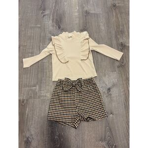 Shein Toddler Girl's Shorts Long‎ Sleeve Top Bow Plaid Brown Cream Size 2-3 year